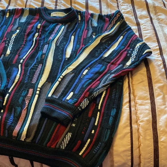 Vintage Enrico Uomo Black/blue/maroon Crewneck cotton Sweater with Textured Knit - Picture 3 of 4